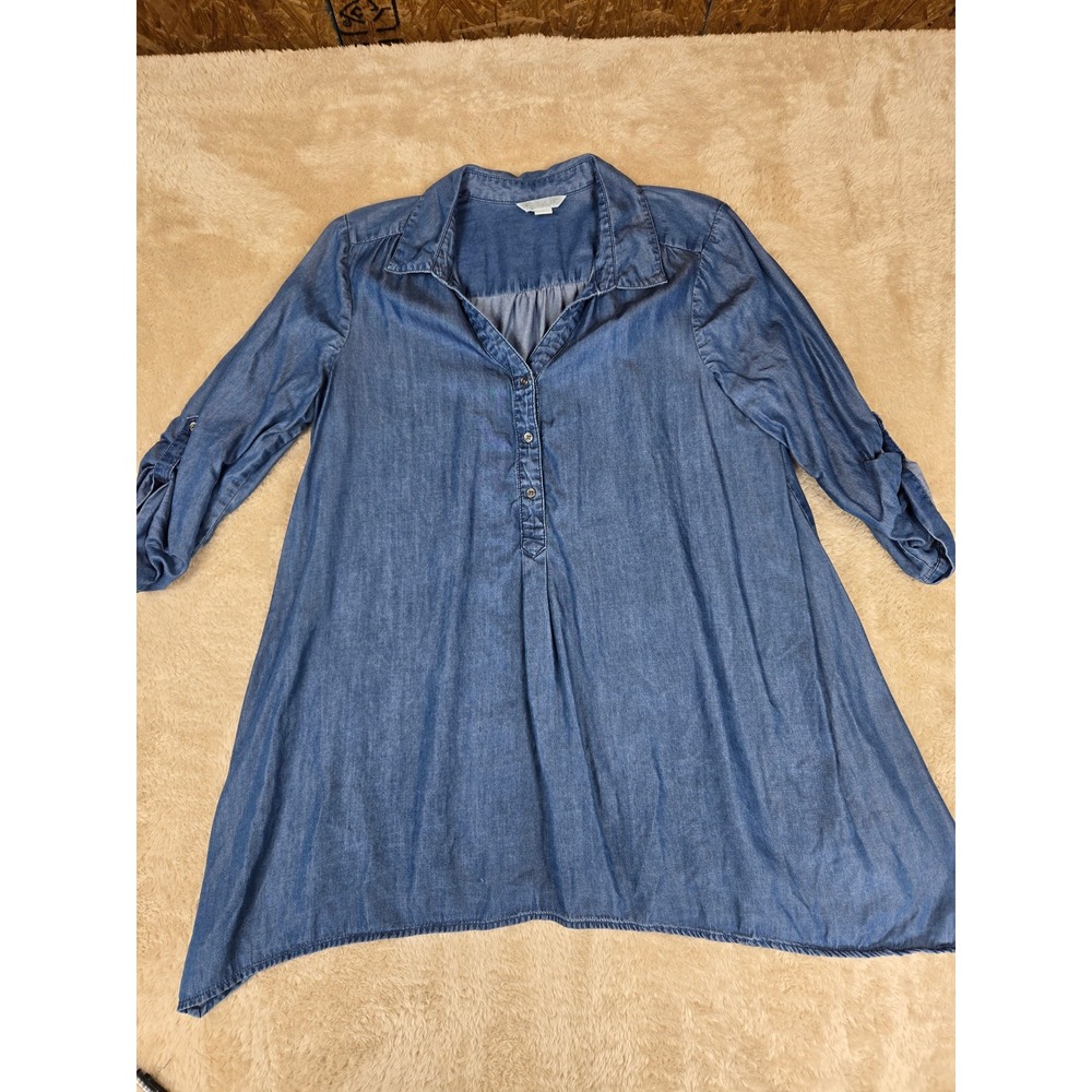 KU Khakis &‎ Co Chambray Denim Shirt Dress Tunic Roll Tab Sleeve Blue Size L